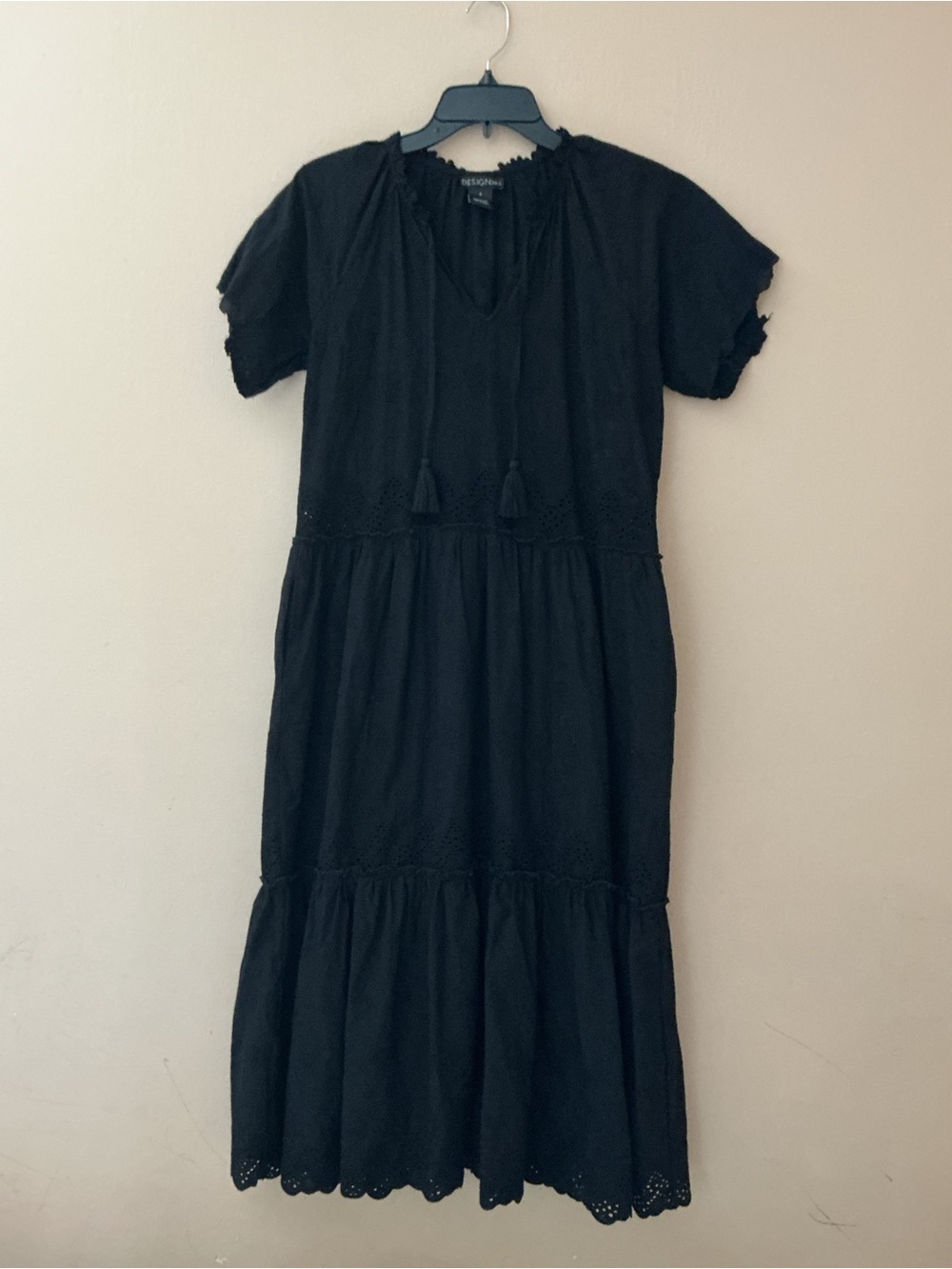 Women's Black Eyelet Midi Dress with Tassel Tie